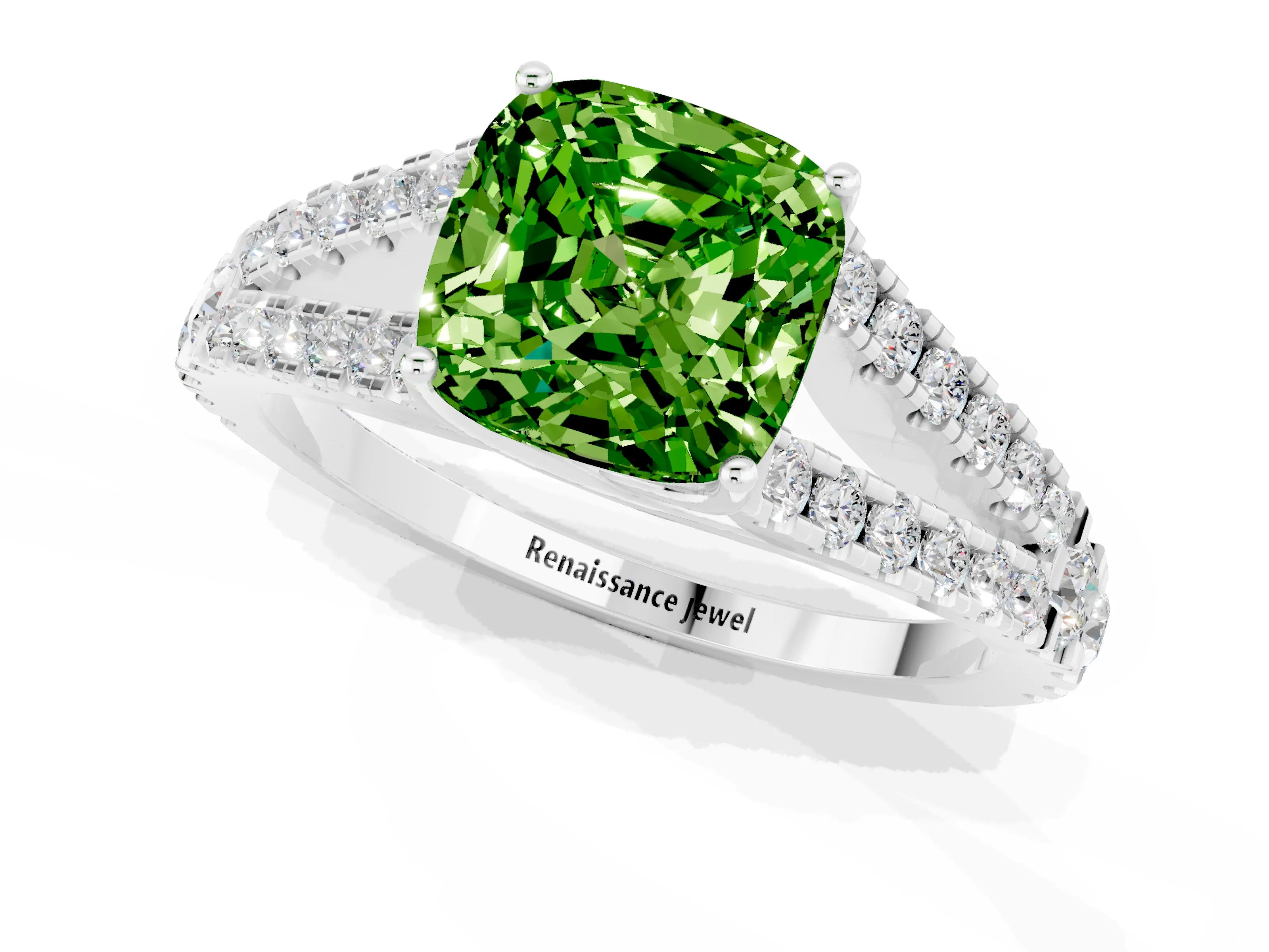 White gold Cushion Cut Peridot Split Shank Pavé Engagement Ring with Four-Prong Setting_13
