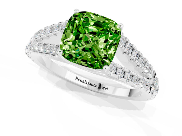 Platinum Cushion Cut Peridot Split Shank Pavé Engagement Ring with Four-Prong Setting