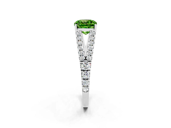 Silver Cushion Cut Peridot Split Shank Pavé Engagement Ring with Four-Prong Setting