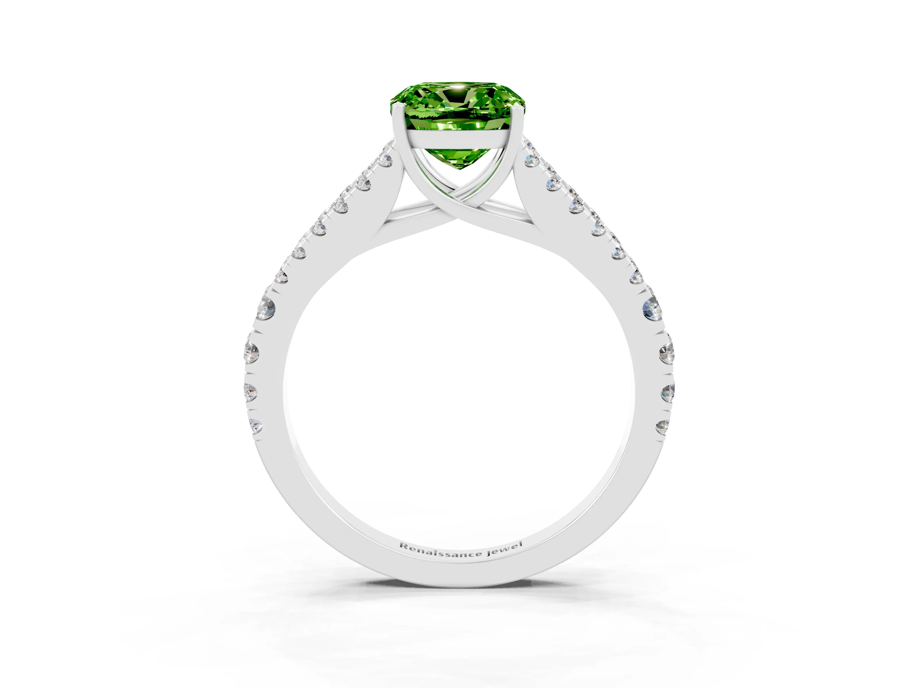 White gold Cushion Cut Peridot Split Shank Pavé Engagement Ring with Four-Prong Setting_15