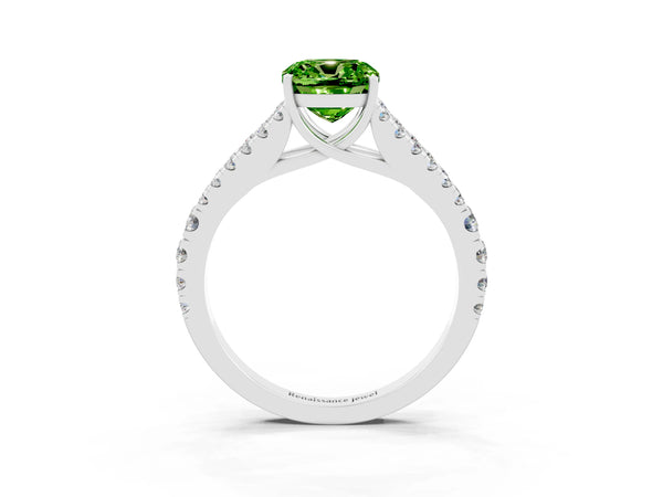 Platinum Cushion Cut Peridot Split Shank Pavé Engagement Ring with Four-Prong Setting