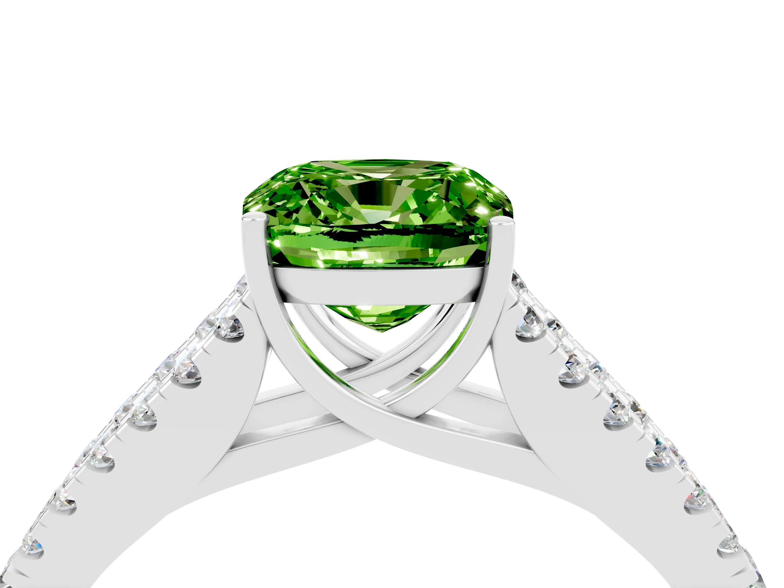 White gold Cushion Cut Peridot Split Shank Pavé Engagement Ring with Four-Prong Setting_16