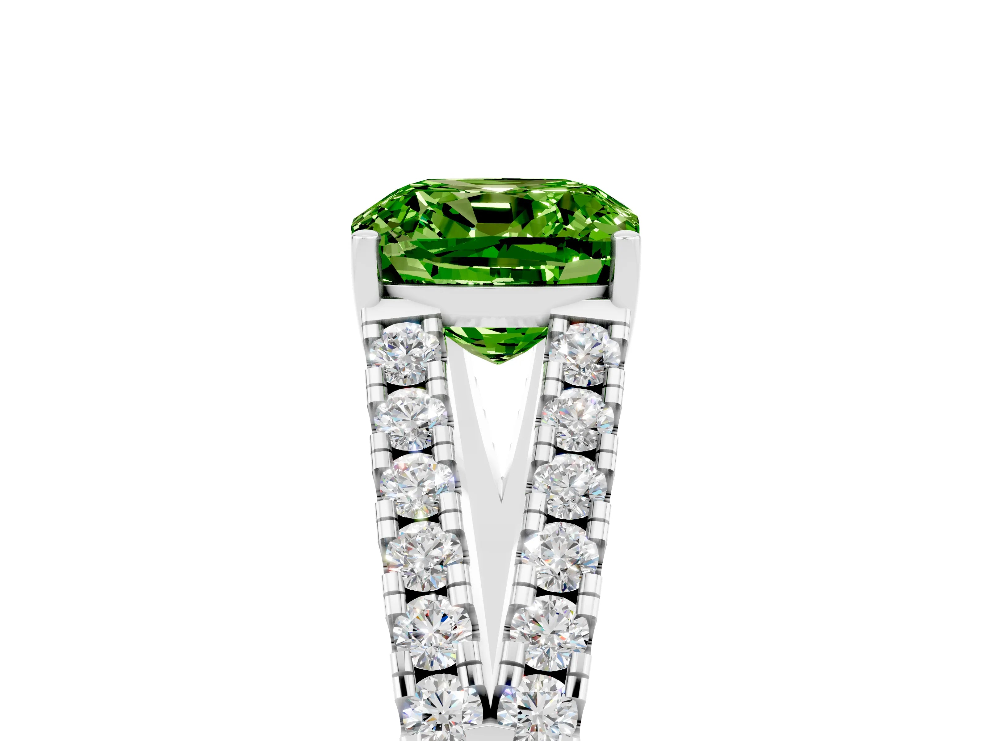 White gold Cushion Cut Peridot Split Shank Pavé Engagement Ring with Four-Prong Setting_17