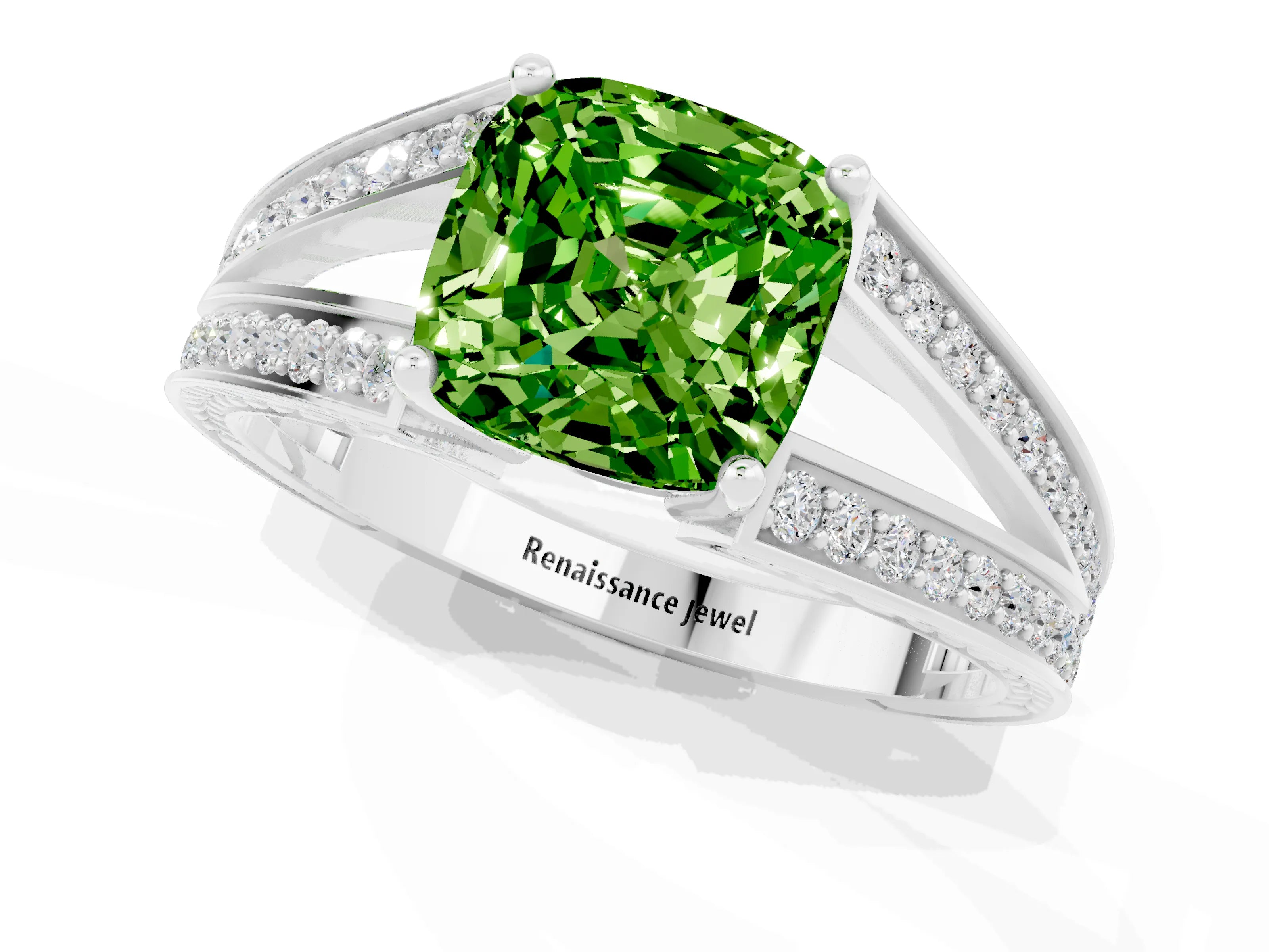 White gold Cushion Cut Peridot Split Shank Ring with Pavé Band and Four-Prong Setting_19