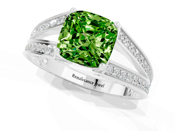 Silver Cushion Cut Peridot Split Shank Ring with Pavé Band and Four-Prong Setting