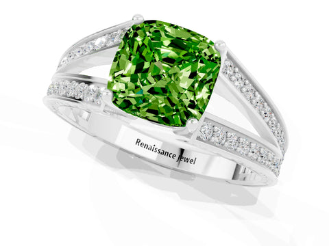 White gold Cushion Cut Peridot Split Shank Ring with Pavé Band and Four-Prong Setting_21