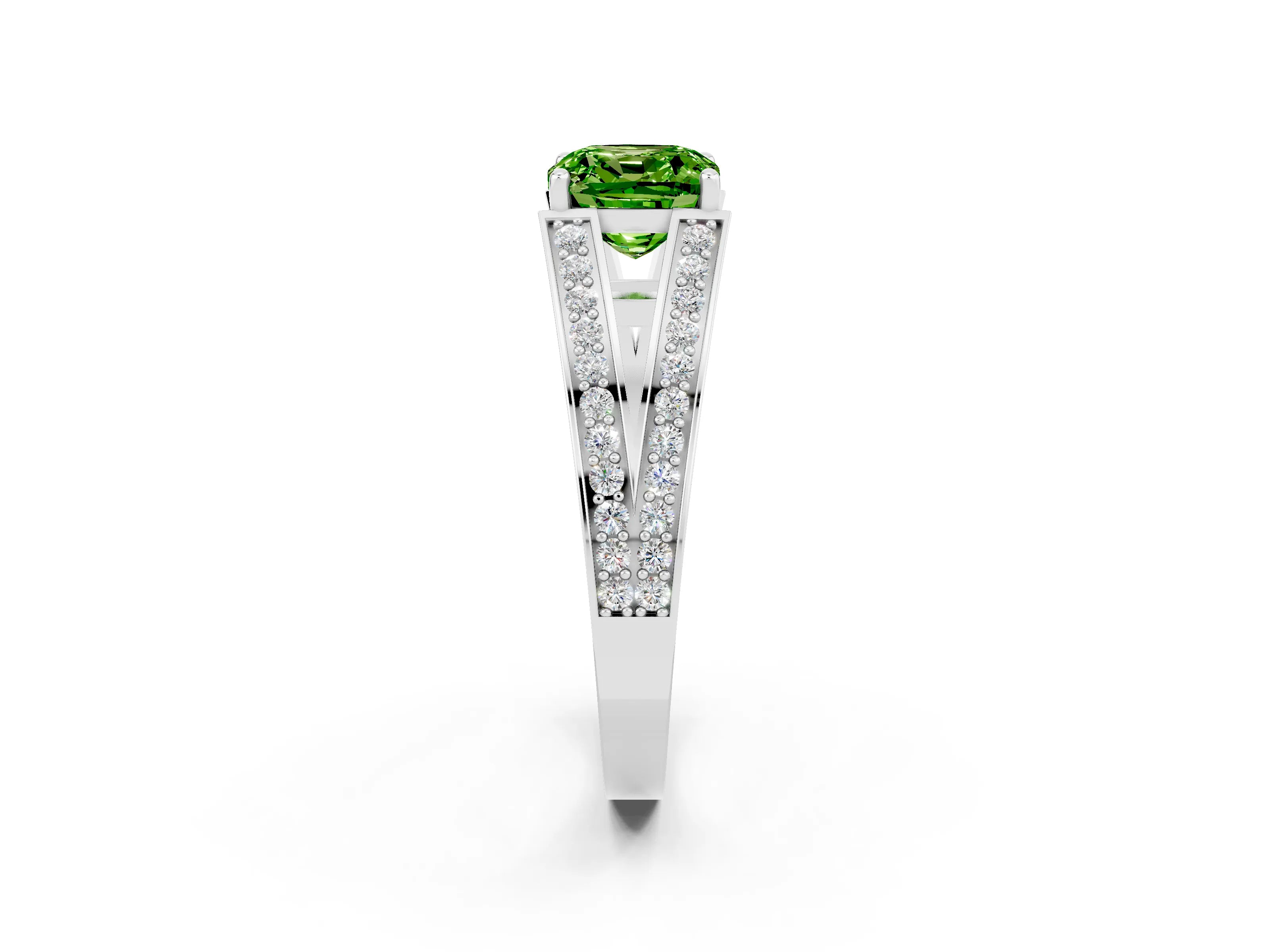 White gold Cushion Cut Peridot Split Shank Ring with Pavé Band and Four-Prong Setting_22