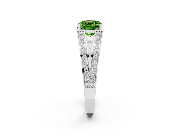 Silver Cushion Cut Peridot Split Shank Ring with Pavé Band and Four-Prong Setting
