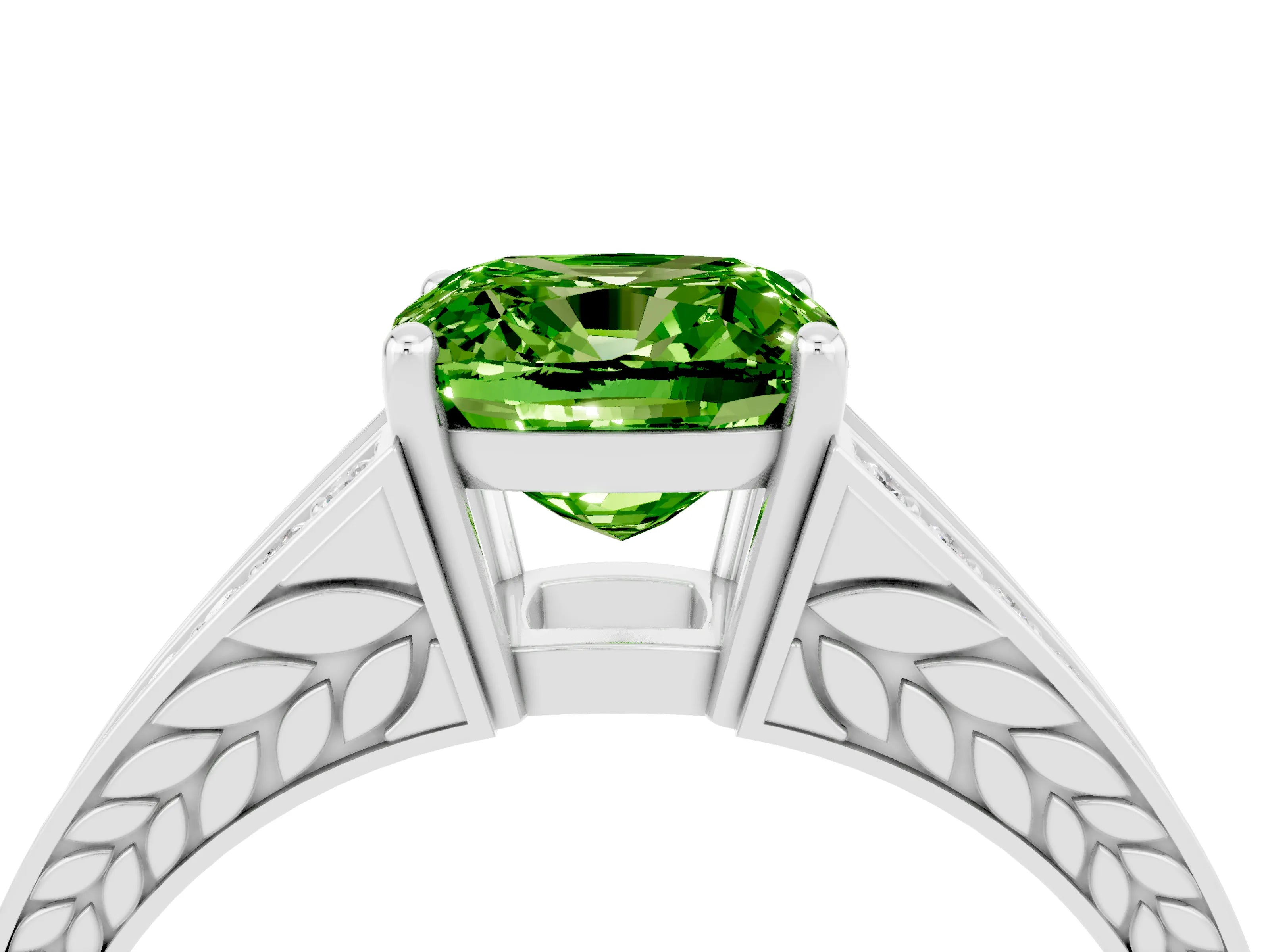White gold Cushion Cut Peridot Split Shank Ring with Pavé Band and Four-Prong Setting_22