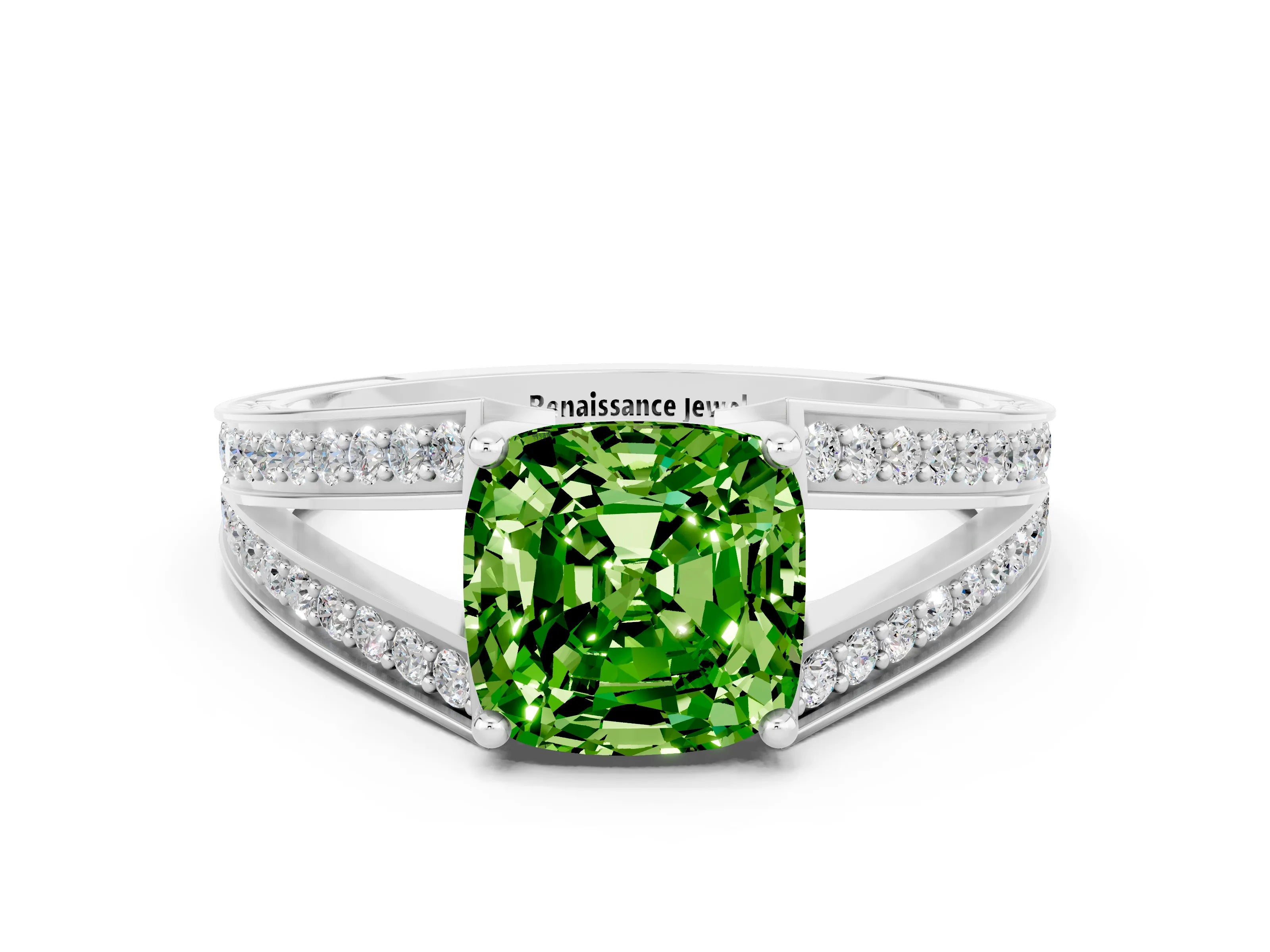 White gold Cushion Cut Peridot Split Shank Ring with Pavé Band and Four-Prong Setting_24
