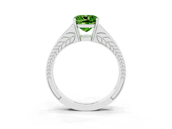 Platinum Cushion Cut Peridot Split Shank Ring with Pavé Band and Four-Prong Setting