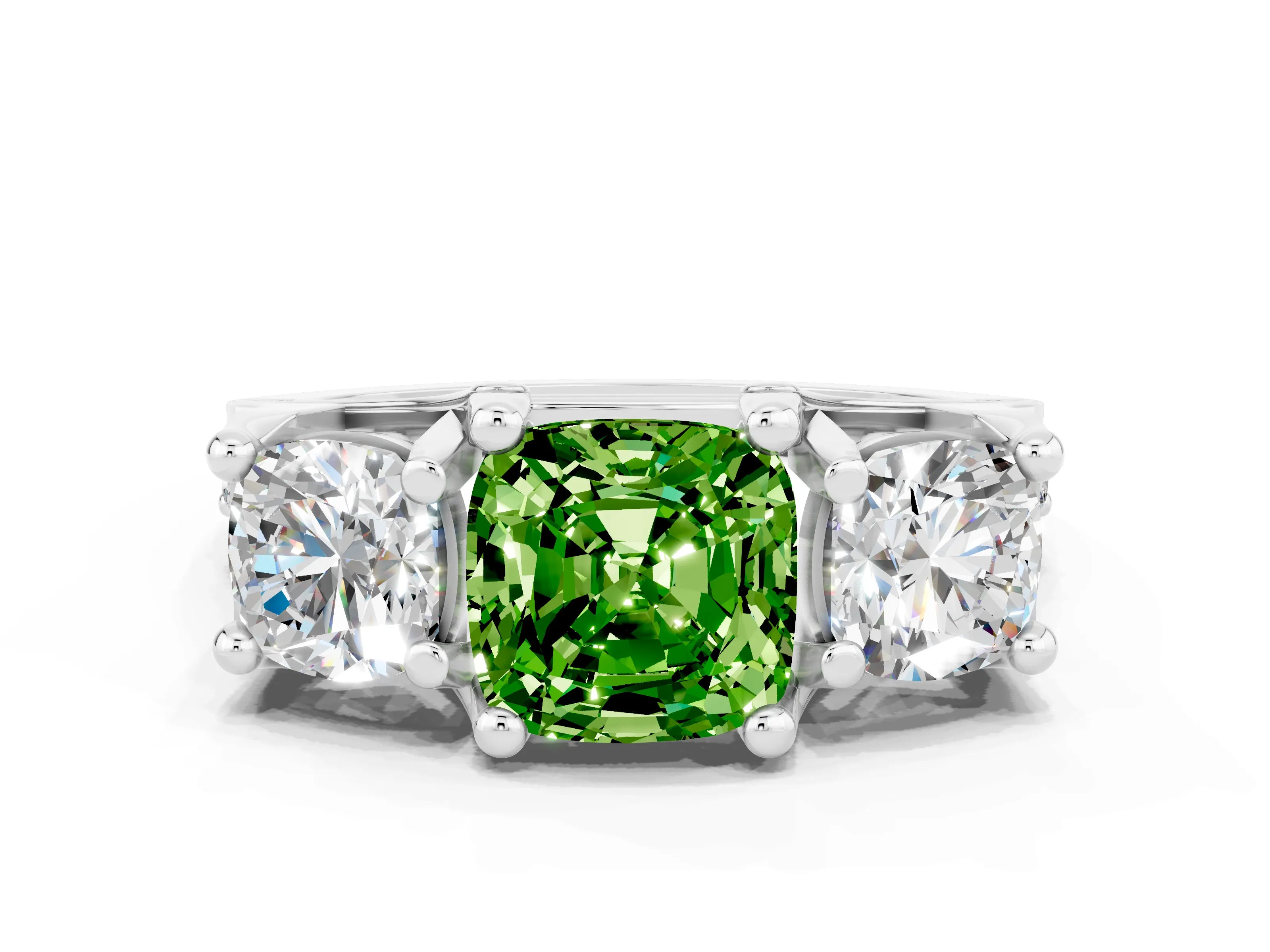 White gold Cushion Cut Peridot Three-Stone Ring with Channel Set Band and Four-Prong Setting