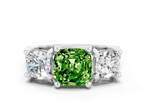 White gold Cushion Cut Peridot Three-Stone Ring with Channel Set Band and Four-Prong Setting