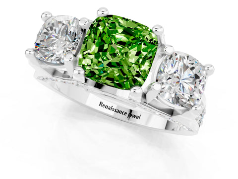 White gold Cushion Cut Peridot Three-Stone Ring with Channel Set Band and Four-Prong Setting_1