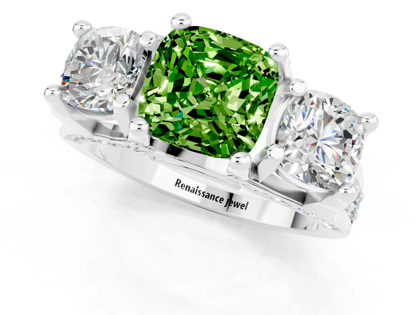 White gold Cushion Cut Peridot Three-Stone Ring with Channel Set Band and Four-Prong Setting