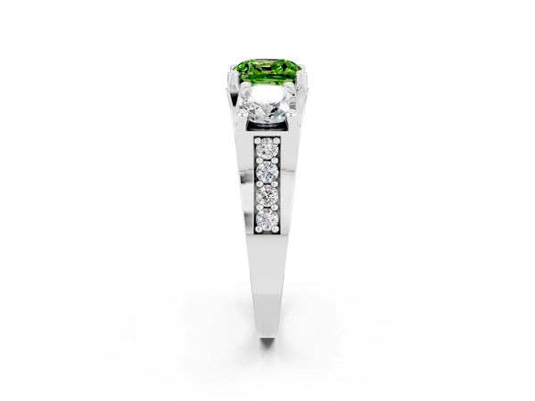 Platinum Cushion Cut Peridot Three-Stone Ring with Channel Set Band and Four-Prong Setting