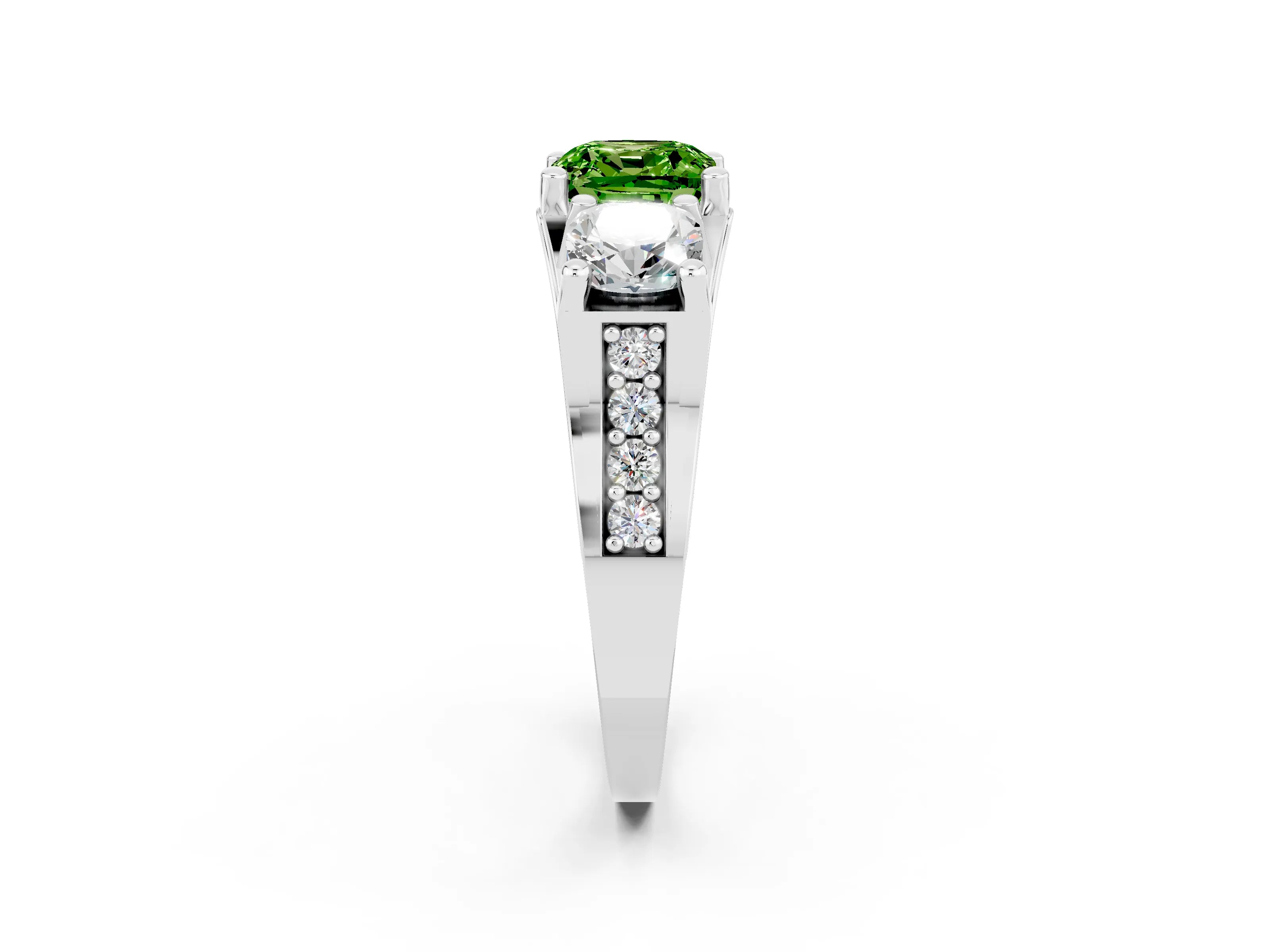 White gold Cushion Cut Peridot Three-Stone Ring with Channel Set Band and Four-Prong Setting_2