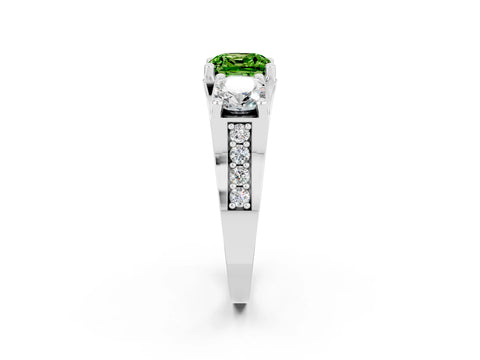 White gold Cushion Cut Peridot Three-Stone Ring with Channel Set Band and Four-Prong Setting_2