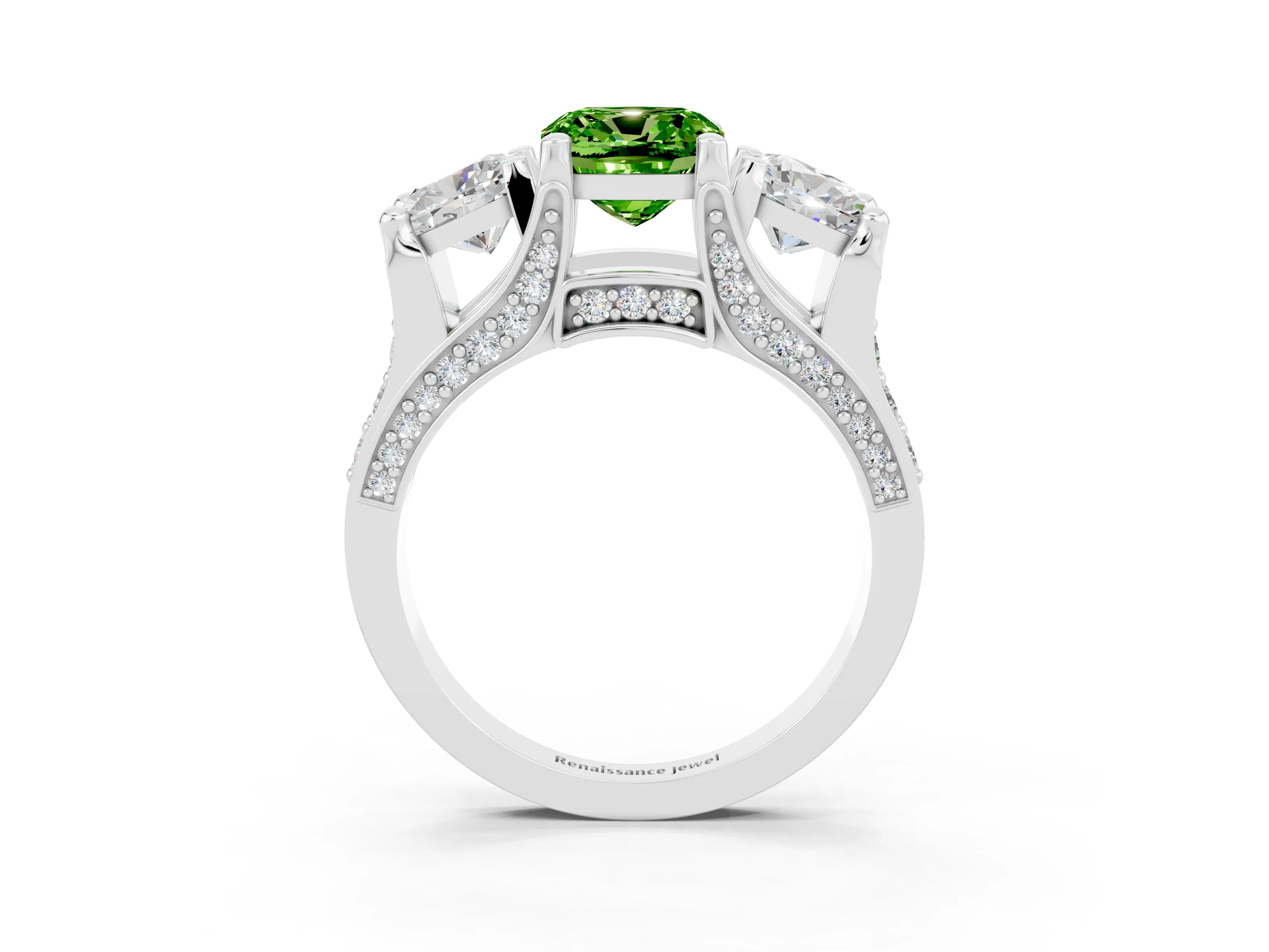 White gold Cushion Cut Peridot Three-Stone Ring with Channel Set Band and Four-Prong Setting_3
