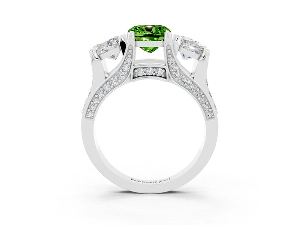 White gold Cushion Cut Peridot Three-Stone Ring with Channel Set Band and Four-Prong Setting