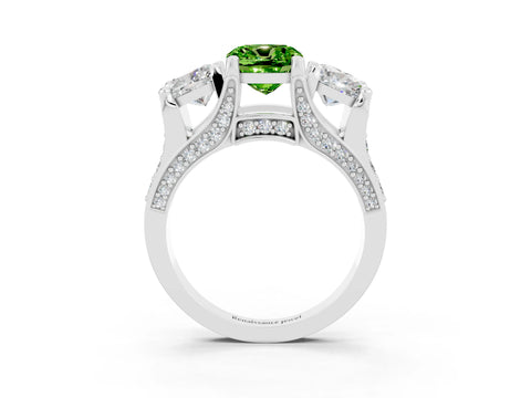 White gold Cushion Cut Peridot Three-Stone Ring with Channel Set Band and Four-Prong Setting_3