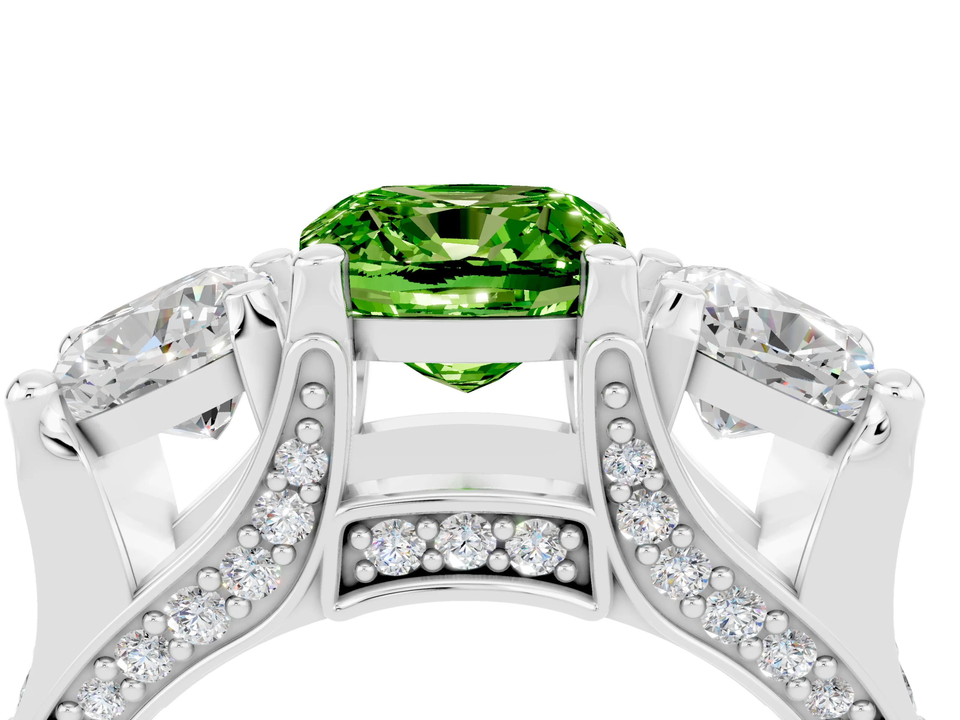White gold Cushion Cut Peridot Three-Stone Ring with Channel Set Band and Four-Prong Setting_4