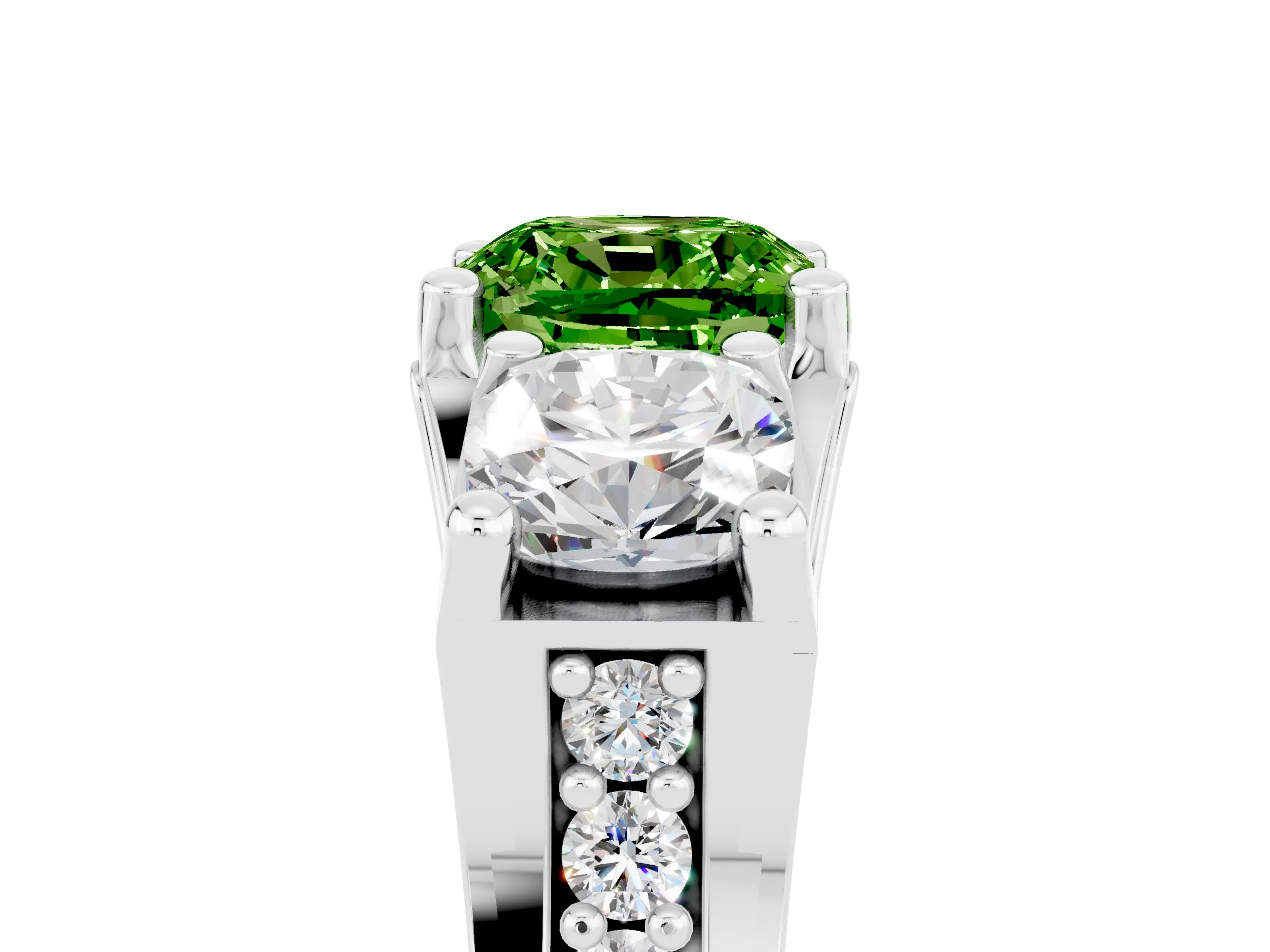 White gold Cushion Cut Peridot Three-Stone Ring with Channel Set Band and Four-Prong Setting_5