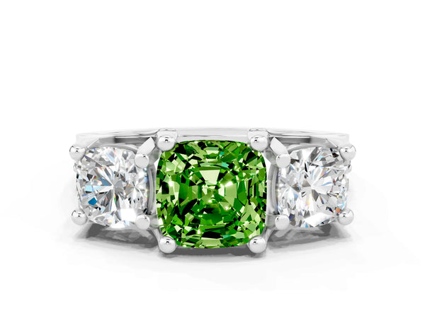 White gold Cushion Cut Peridot Three-Stone Ring with Channel Set Band and Four-Prong Setting
