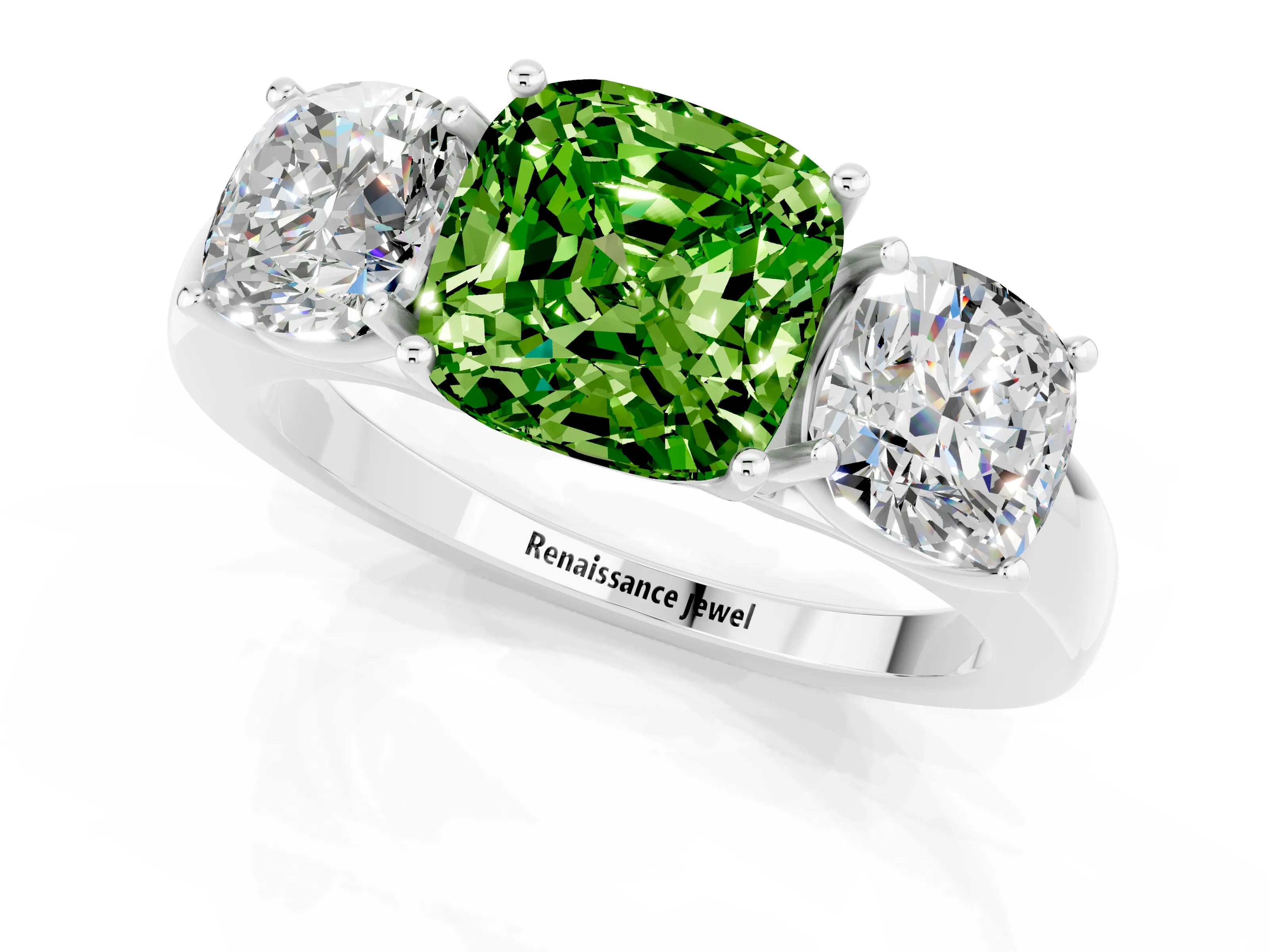 White gold Cushion Cut Peridot Three-Stone Ring with Four-Prong Setting and Classic Band_1