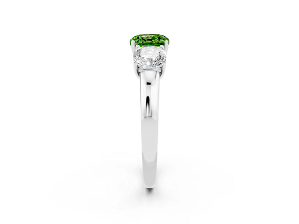 Silver Cushion Cut Peridot Three-Stone Ring with Four-Prong Setting and Classic Band