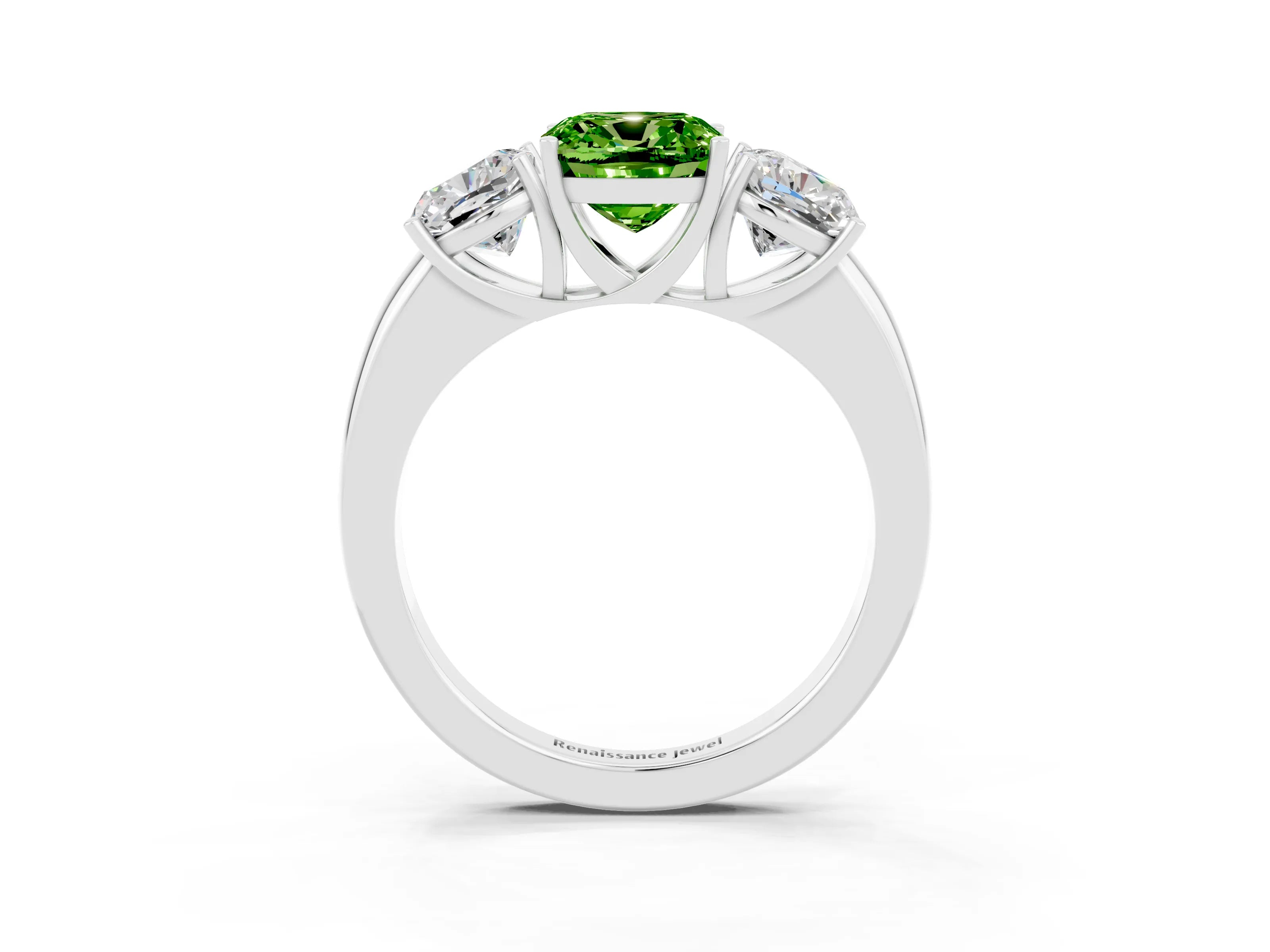 White gold Cushion Cut Peridot Three-Stone Ring with Four-Prong Setting and Classic Band_3