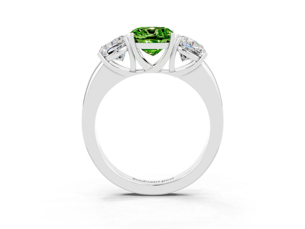 Silver Cushion Cut Peridot Three-Stone Ring with Four-Prong Setting and Classic Band
