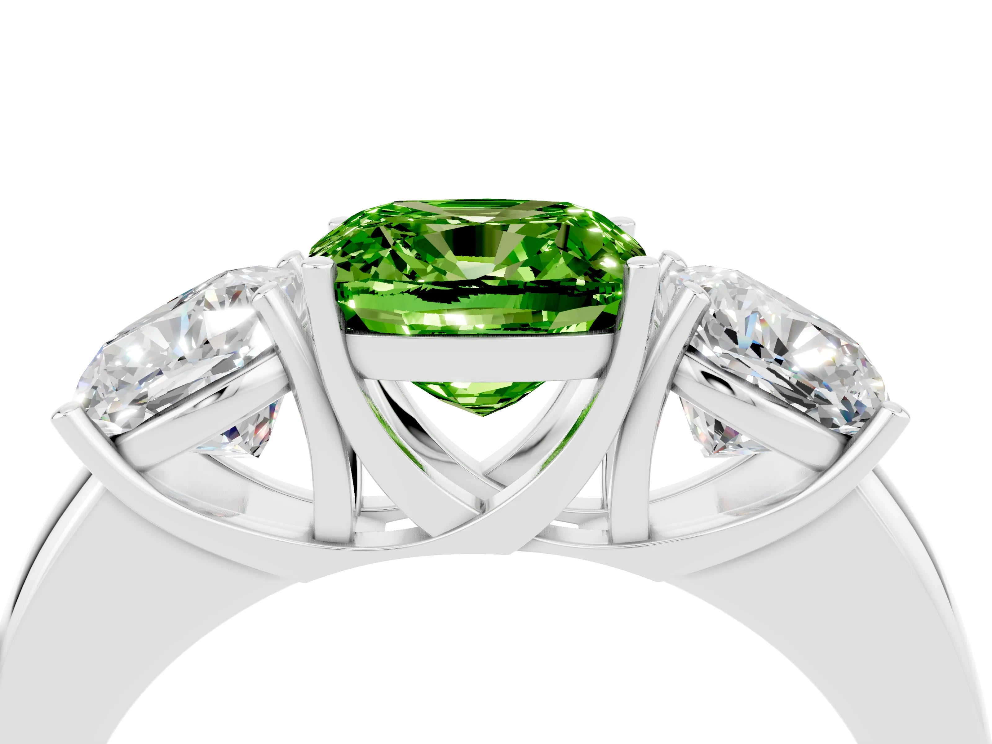 White gold Cushion Cut Peridot Three-Stone Ring with Four-Prong Setting and Classic Band_4