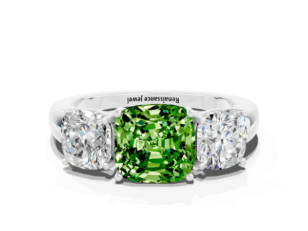 White gold Cushion Cut Peridot Three-Stone Ring with Four-Prong Setting and Classic Band