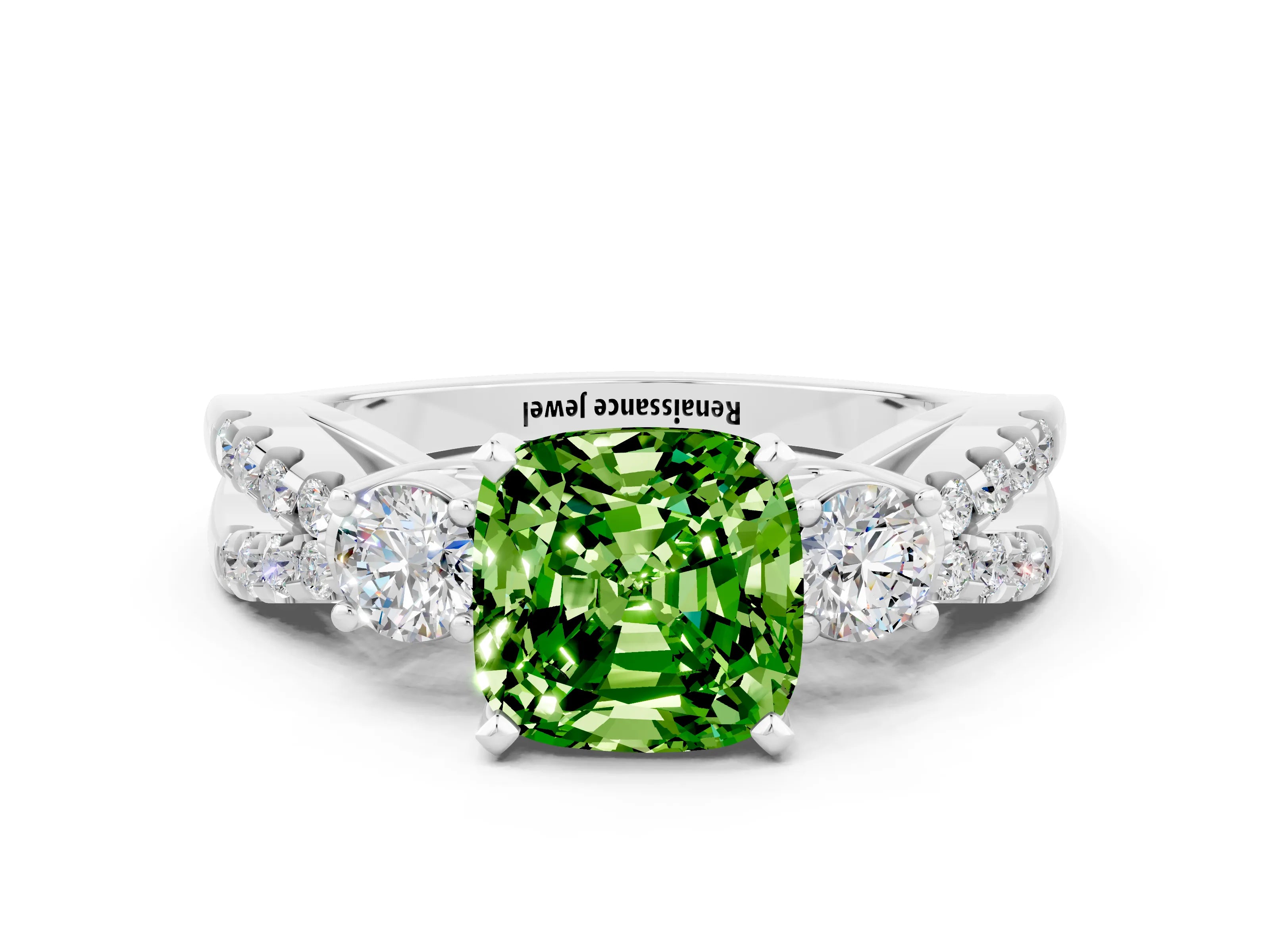 White gold Cushion Cut Peridot Three-Stone Ring with Pavé Split Shank and Four-Prong Setting_12
