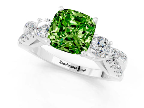 White gold Cushion Cut Peridot Three-Stone Ring with Pavé Split Shank and Four-Prong Setting_13