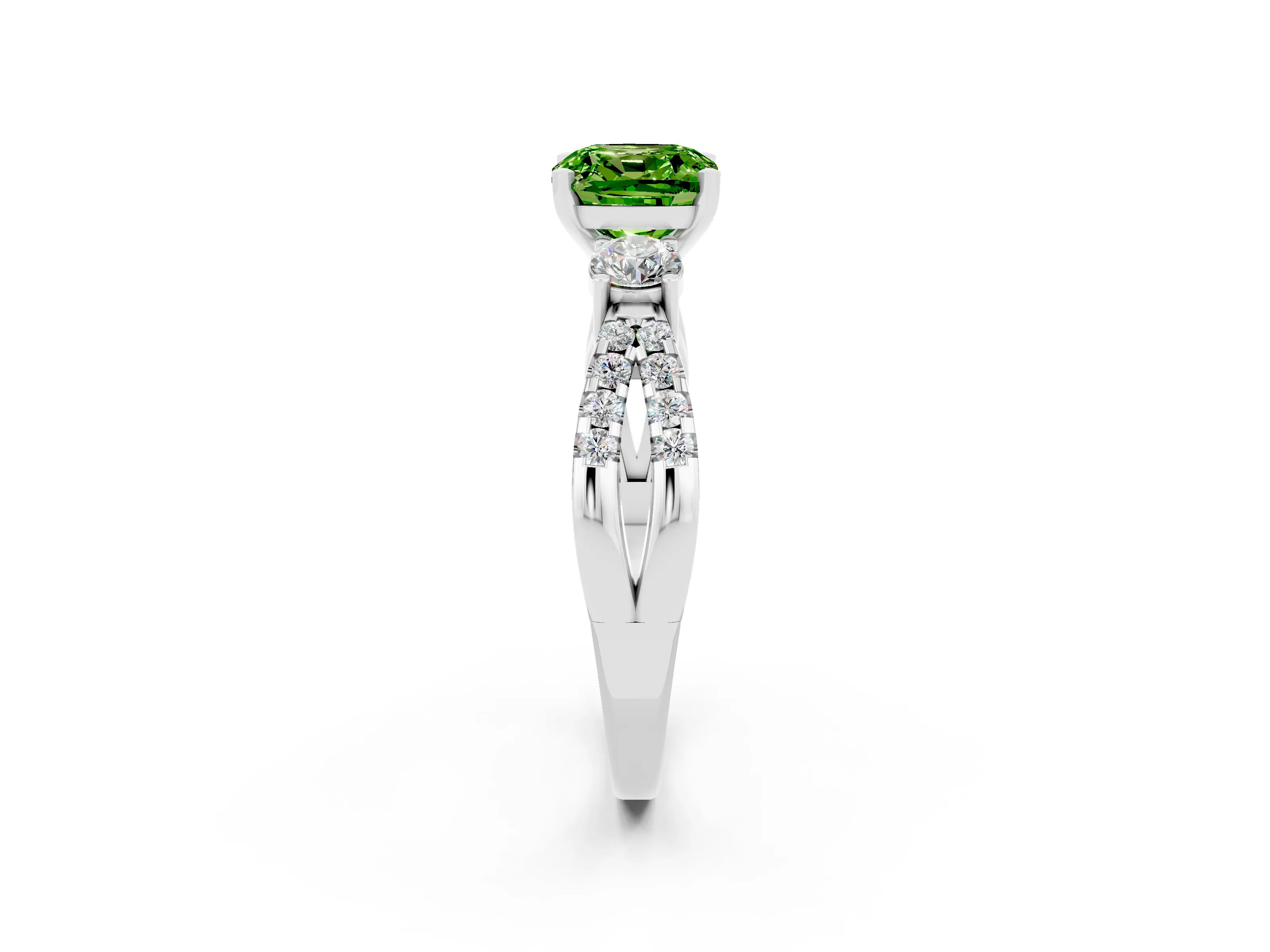 White gold Cushion Cut Peridot Three-Stone Ring with Pavé Split Shank and Four-Prong Setting_14