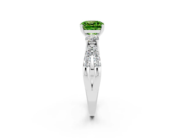 White gold Cushion Cut Peridot Three-Stone Ring with Pavé Split Shank and Four-Prong Setting