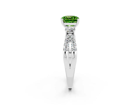 White gold Cushion Cut Peridot Three-Stone Ring with Pavé Split Shank and Four-Prong Setting_14