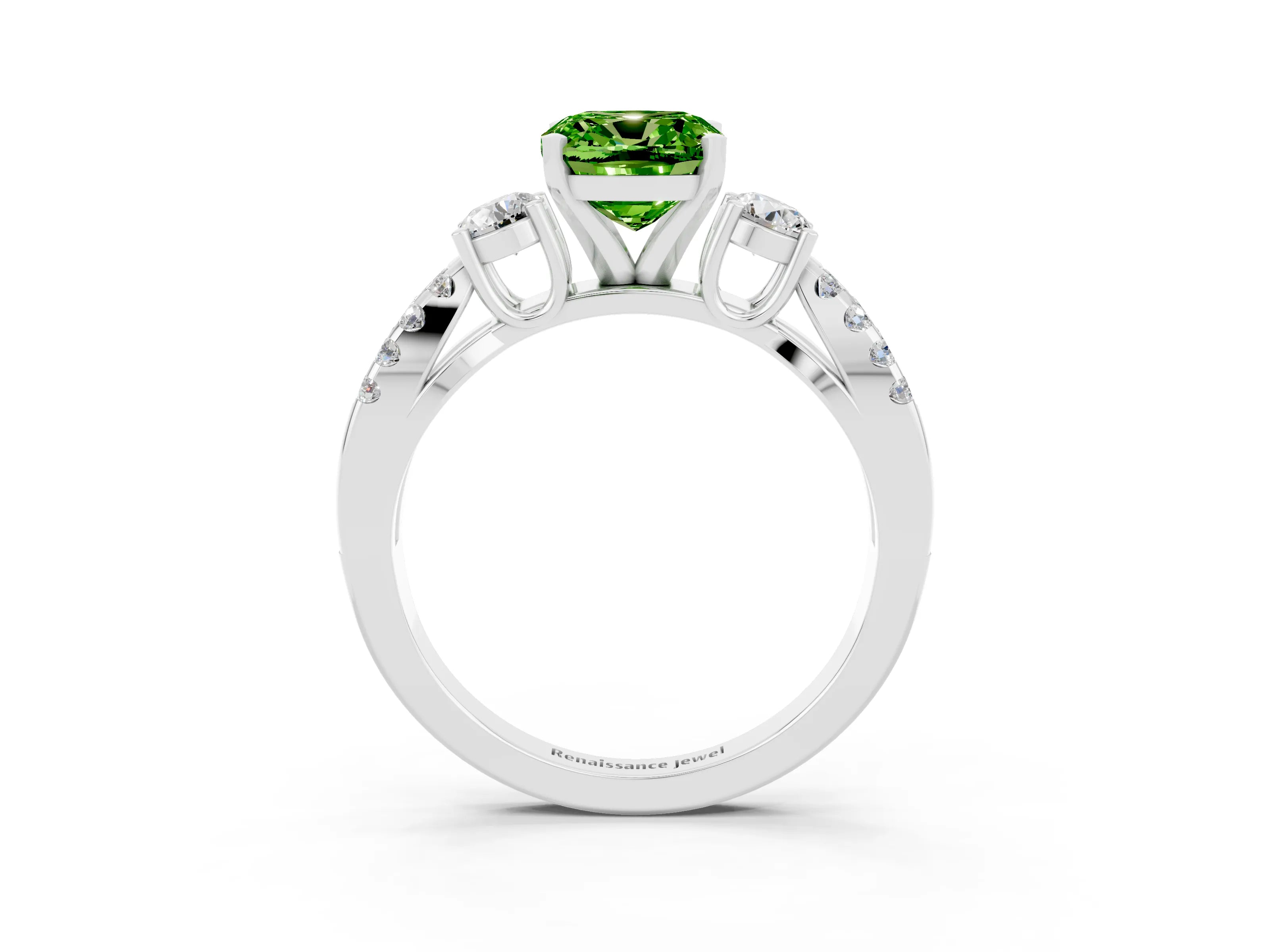 White gold Cushion Cut Peridot Three-Stone Ring with Pavé Split Shank and Four-Prong Setting_15