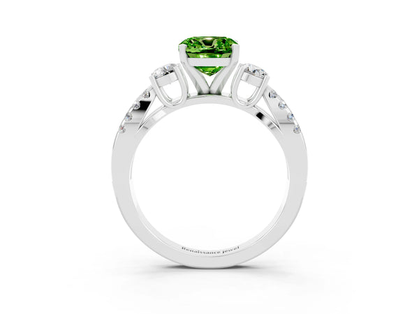 Platinum Cushion Cut Peridot Three-Stone Ring with Pavé Split Shank and Four-Prong Setting