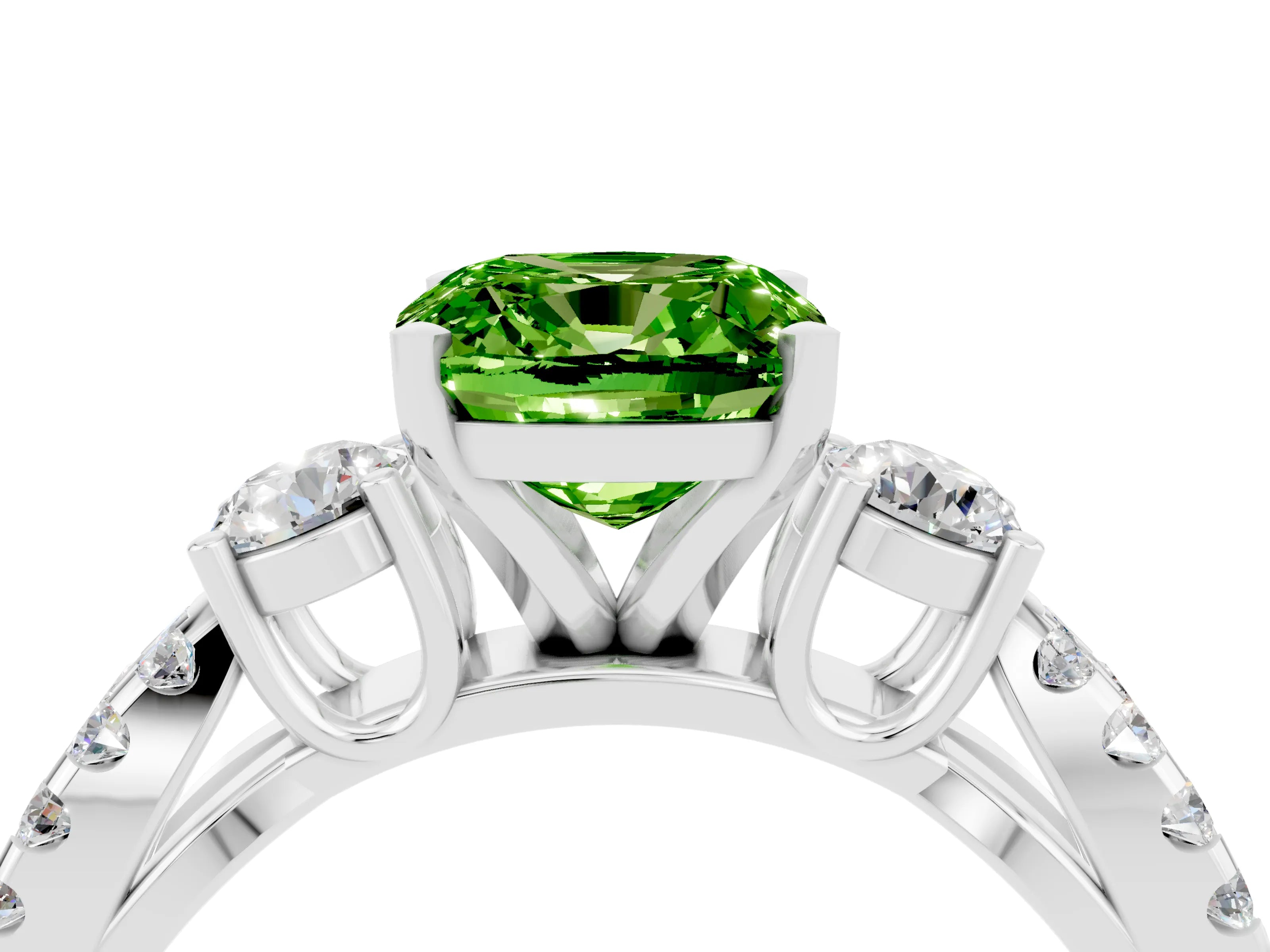 White gold Cushion Cut Peridot Three-Stone Ring with Pavé Split Shank and Four-Prong Setting_16