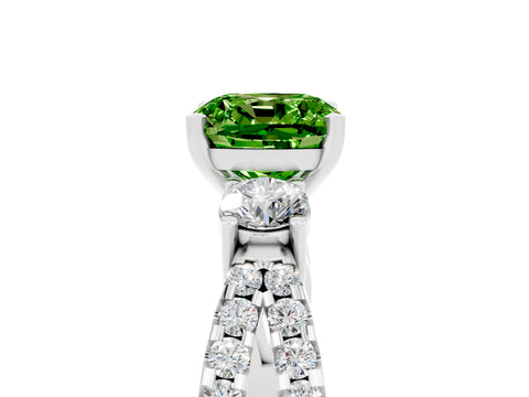 White gold Cushion Cut Peridot Three-Stone Ring with Pavé Split Shank and Four-Prong Setting_17