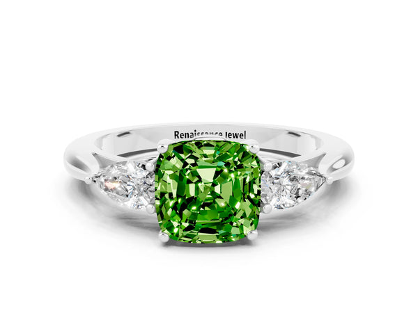 Platinum Cushion Cut Peridot Three-Stone Ring with Pear  Side Stones and Prong Setting