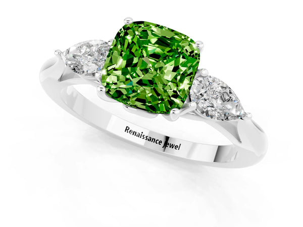 Platinum Cushion Cut Peridot Three-Stone Ring with Pear  Side Stones and Prong Setting