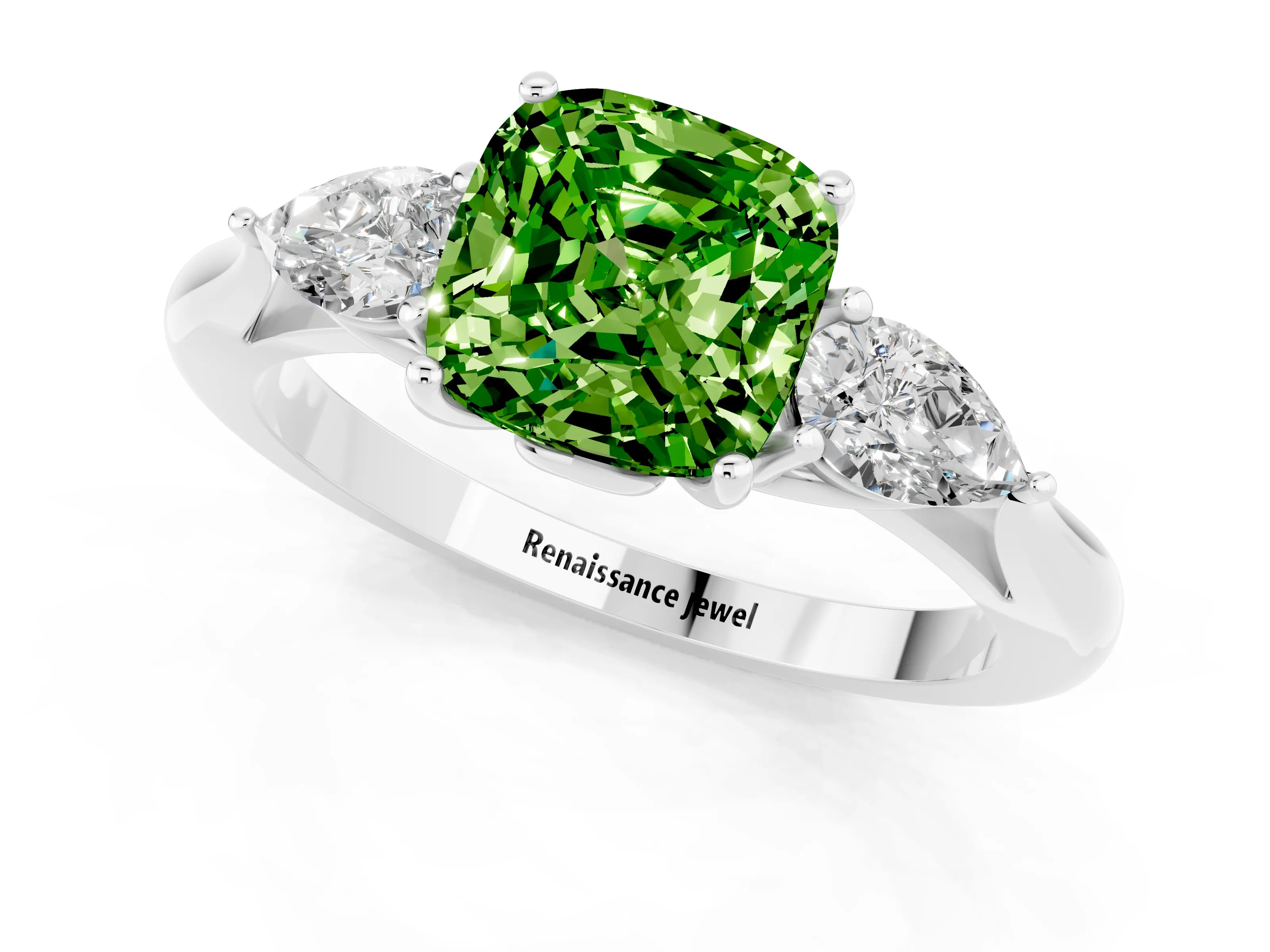White gold Cushion Cut Peridot Three-Stone Ring with Pear Side Stones and Four-Prong Setting_13