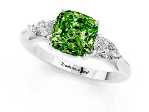 White gold Cushion Cut Peridot Three-Stone Ring with Pear Side Stones and Four-Prong Setting_13