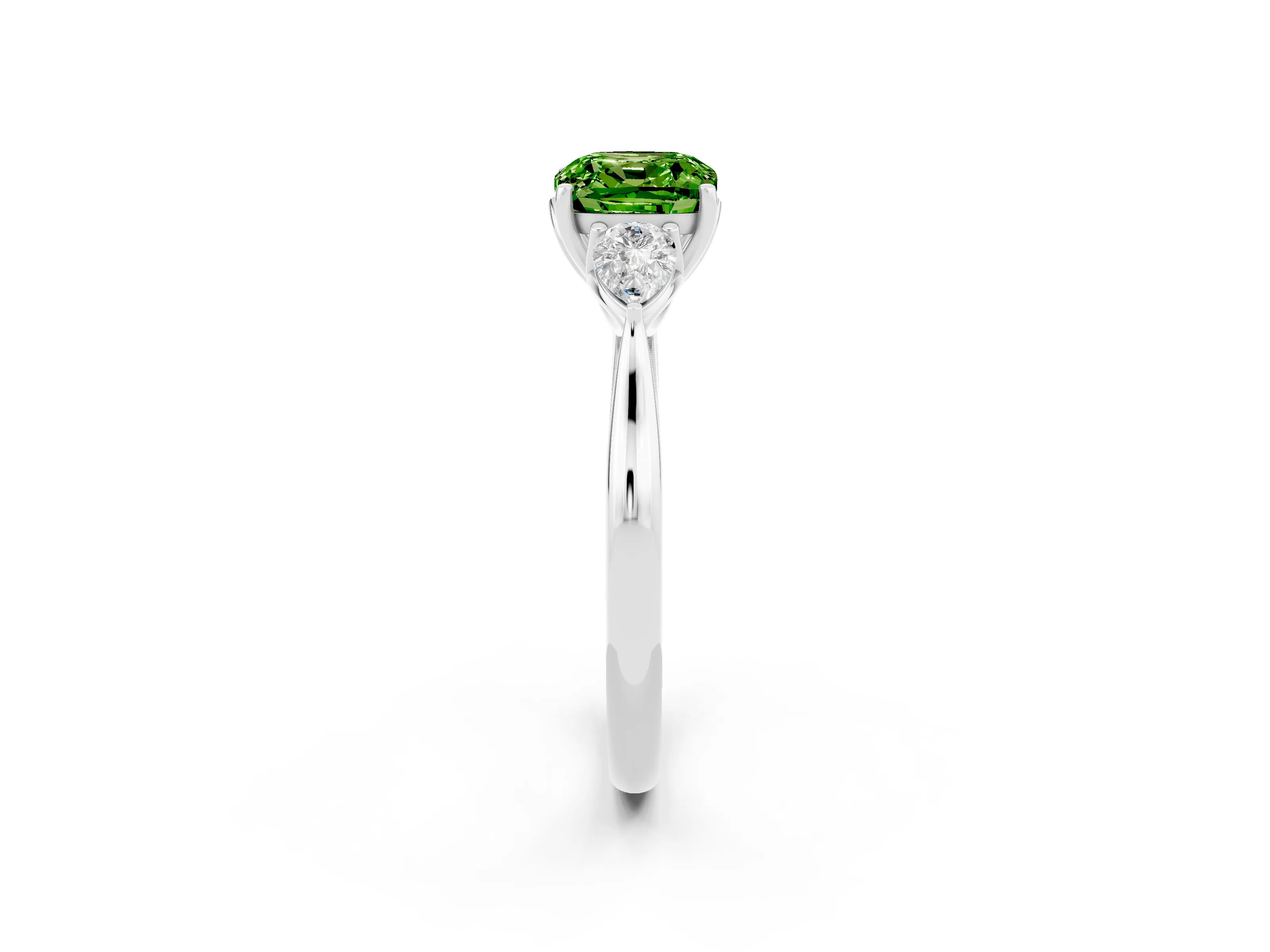 White gold Cushion Cut Peridot Three-Stone Ring with Pear Side Stones and Four-Prong Setting_14