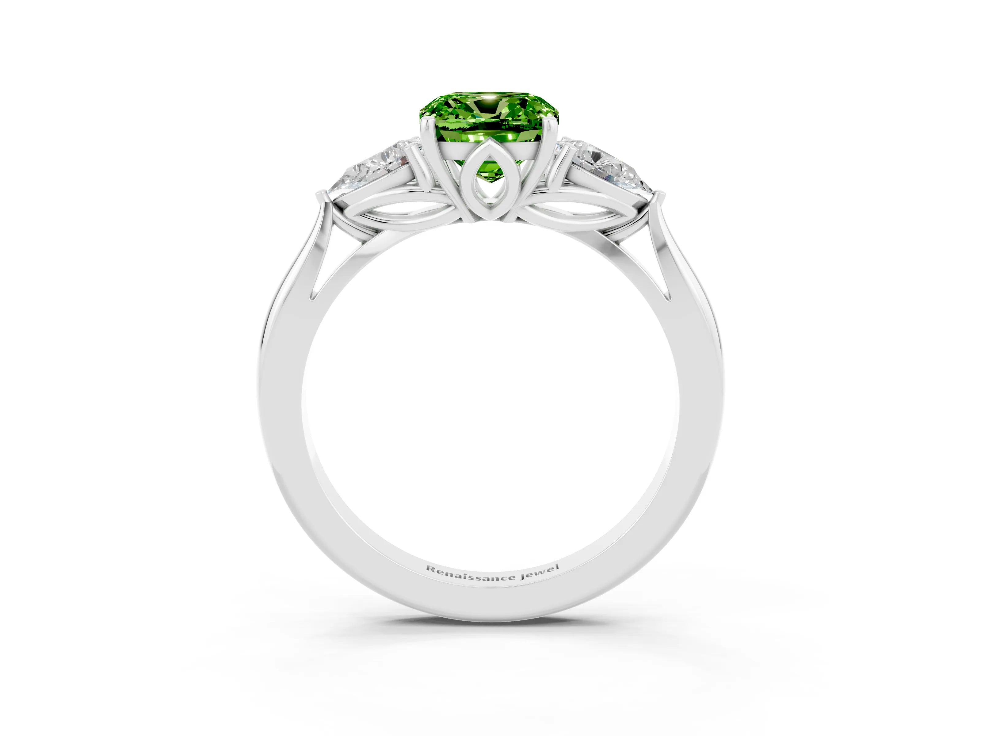 White gold Cushion Cut Peridot Three-Stone Ring with Pear Side Stones and Four-Prong Setting_15