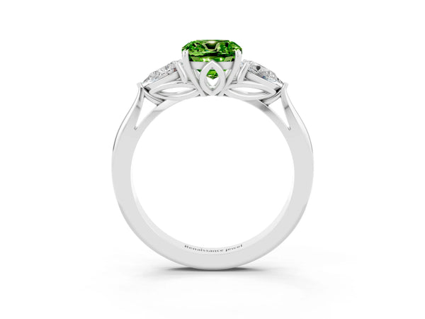 Silver Cushion Cut Peridot Three-Stone Ring with Pear  Side Stones and Prong Setting
